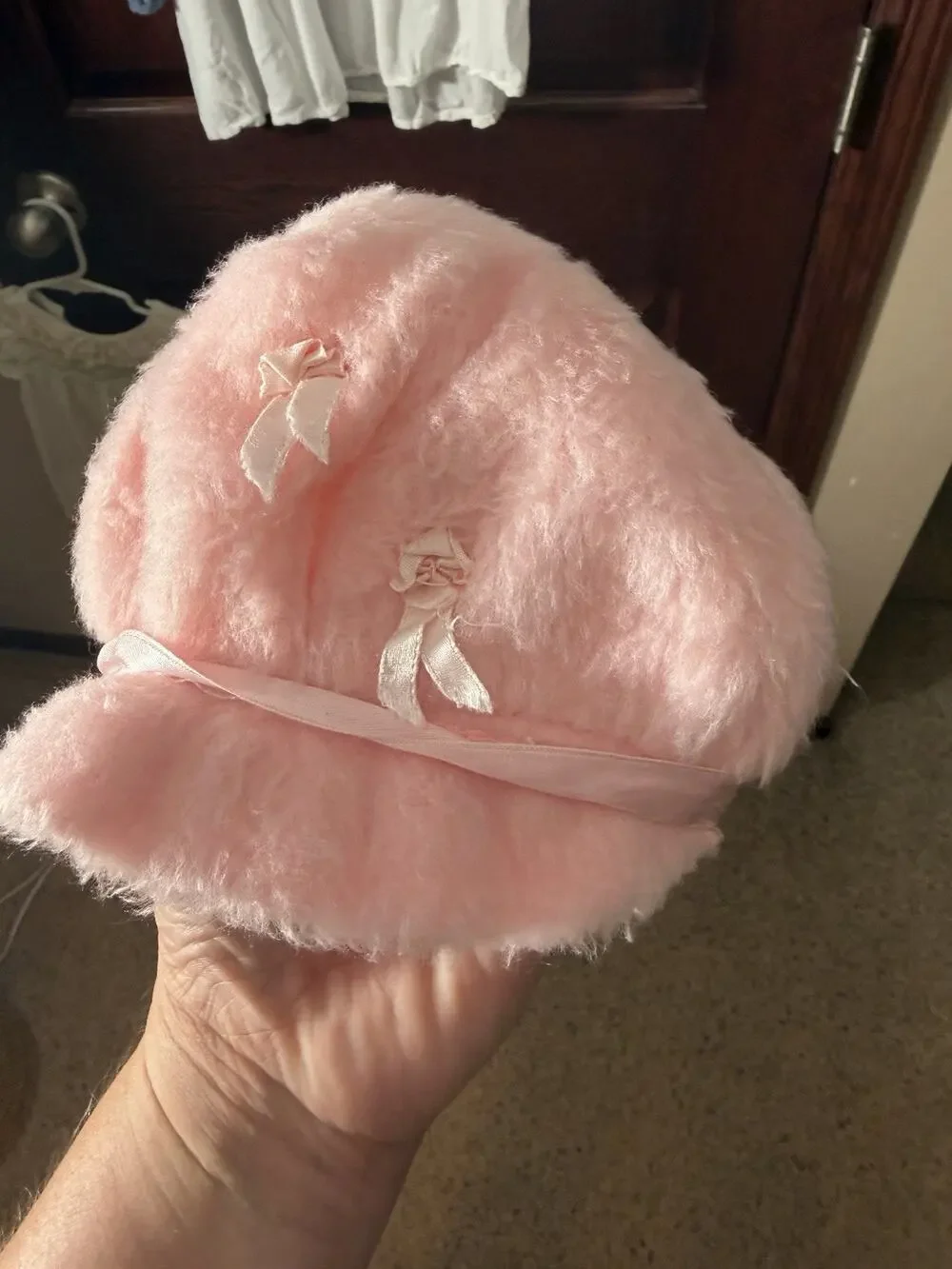 Vtg Antique Baby Bonnet Faux Fur Heirloom White Silk Ribbon Satin Lined 70s